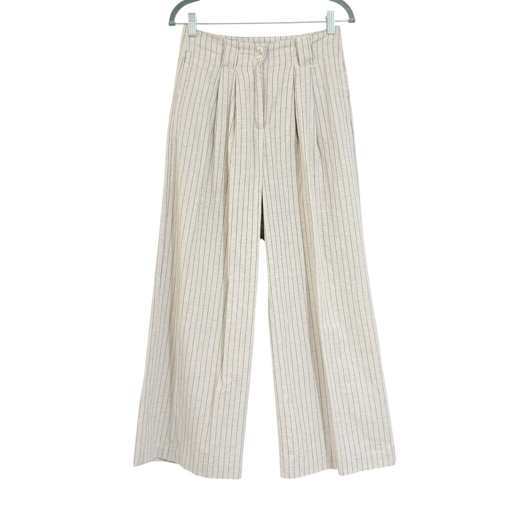 Crescent Womens Beige Pin Striped Wide Leg Pleated Cotton Trousers CP8600 Size S